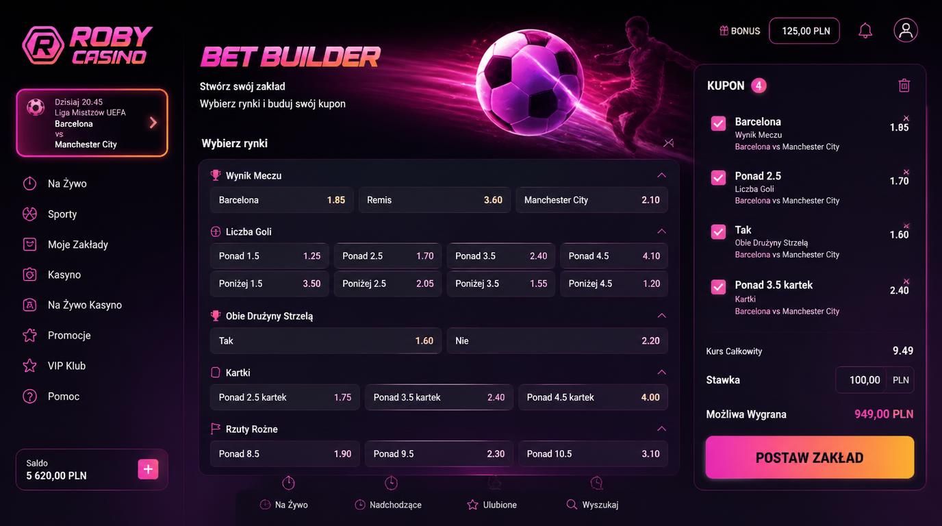 Ekran przedstawia zakład Bet Builder z wieloma rynkami w jednym meczu w Roby Casino