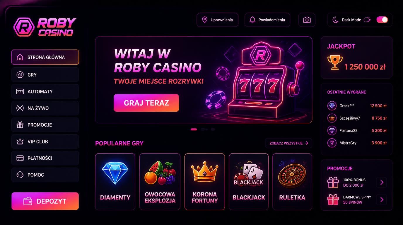 Ikony uprawnień aplikacji Roby Casino: lokalizacja, powiadomienia, kamera i tryb nocny