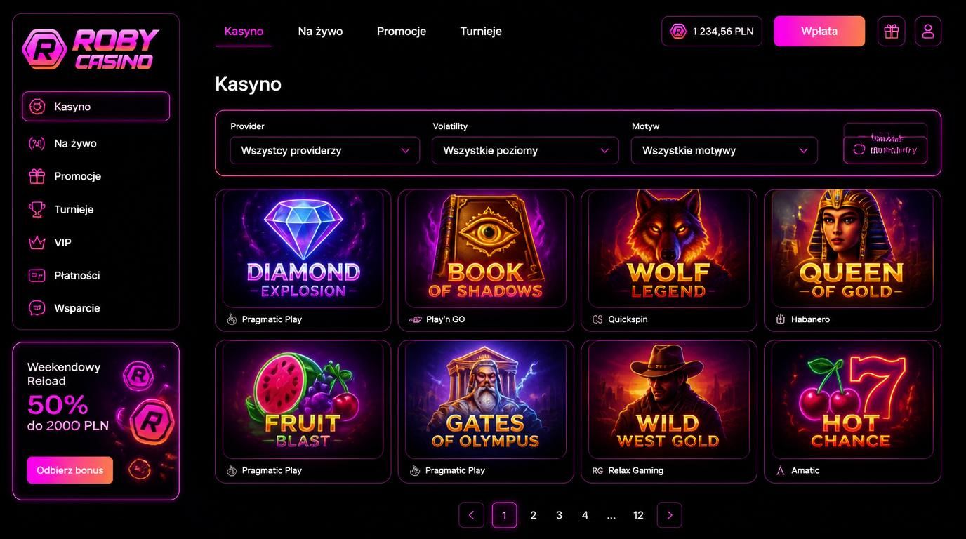 Ekran z filtrami gier: provider, volatility, motyw w Roby Casino