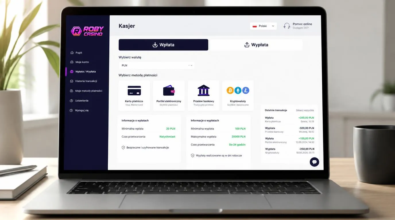 Panel kasy w języku polskim z wyborem PLN, metod płatności oraz limitami wpłat i wypłat