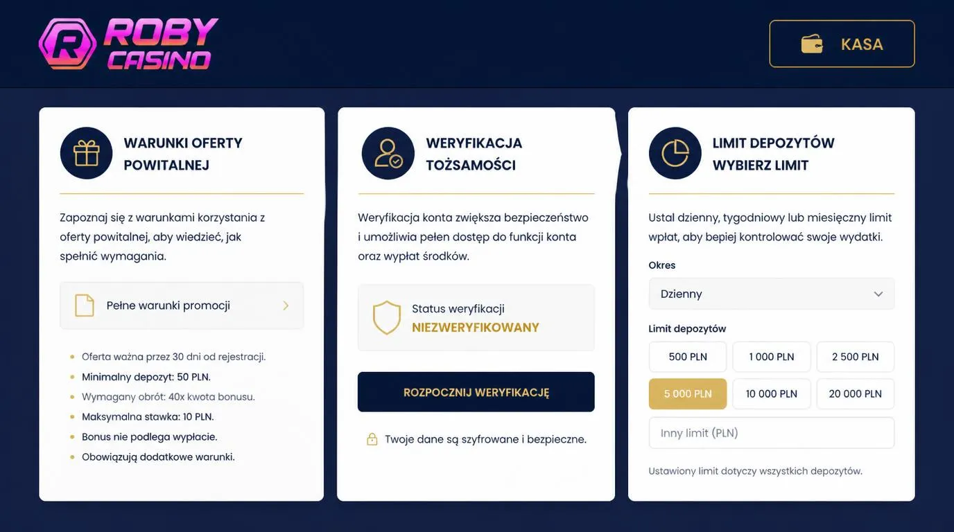 Panel kasyna z kartą bonusu powitalnego, warunkami promocji i ustawieniem limitu wpłat