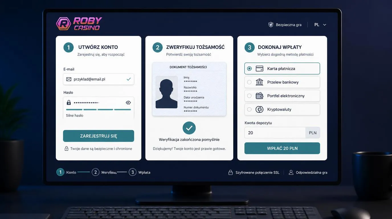 Panel kasyna z formularzem rejestracji, weryfikacją tożsamości i kasą z wyborem płatności
